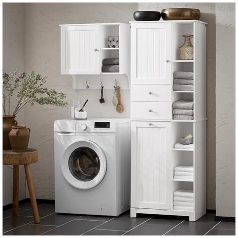 Mobile Alto Con Portabiancheria Apribile Armadietto Da Pavimento Mobile Bagno Bianco 60x37x171cm Bzr104-w - Foto 5