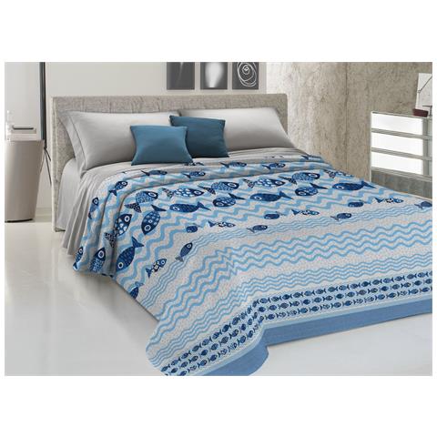 Copriletto Piquet Primavera Estate 100% Cotone Disegno Pesciolini Piazza E Mezza Blu - Foto 1