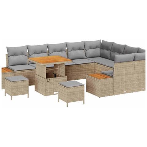Set da giardino da 12 pezzi con cuscini in polirattan beige e legno di acacia, Set da pranzo da giardino da 3 pezzi con cuscini in polirattan beige e legno di acacia - Foto 1