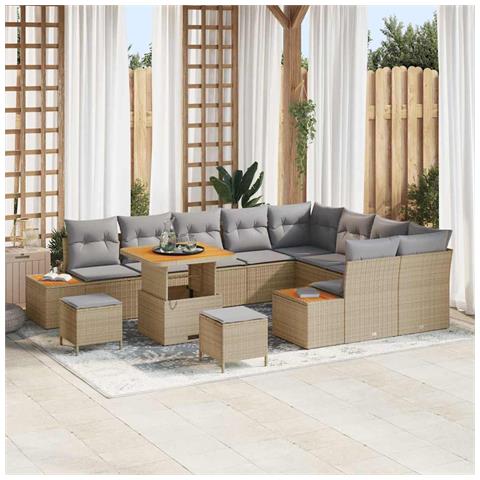 Set da giardino da 12 pezzi con cuscini in polirattan beige e legno di acacia, Set da pranzo da giardino da 3 pezzi con cuscini in polirattan beige e legno di acacia - Foto 2