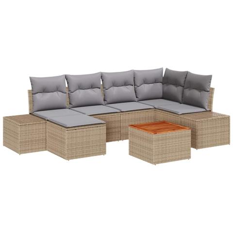 Set di divani da giardino da 7 pezzi con cuscini beige in rattan e acacia - Foto 1
