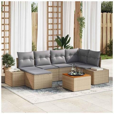 Set di divani da giardino da 7 pezzi con cuscini beige in rattan e acacia - Foto 2
