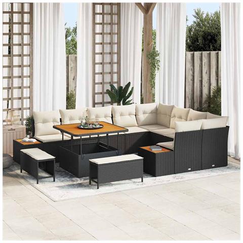 Set di Sofa da Giardino 12 Pezzi con Cuscini Rattan Sintetico Nero Acacia, Set di Pranzo da Giardino 3 Pezzi con Cuscini Rattan Sintetico Nero Acacia - Foto 2