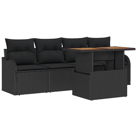 Set Divano da Giardino  5 Pezzi con Cuscini Rattan Polyrattan Nero, Divano da Giardino  2 Posti con Cuscini Rattan Polyrattan Nero - Foto 1