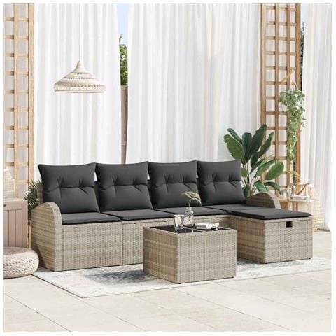 Set divano da giardino 6 pezzi con cuscini grigio chiaro polyrattan, Divano da giardino 2 posti con deposito e cuscini grigio chiaro polyrattan - Foto 2