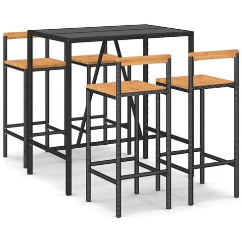 Set Bar Giardino 5 pz Nero Polyrattan e Legno Massello Acacia - Foto 1