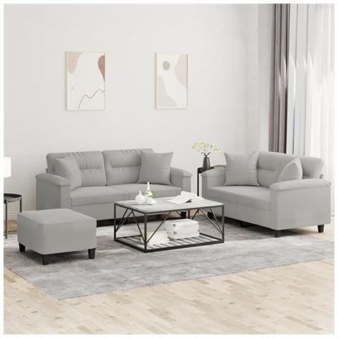 Set Divani 3 pz con Cuscini Grigio Chiaro in Tessuto Microfibra - Foto 2