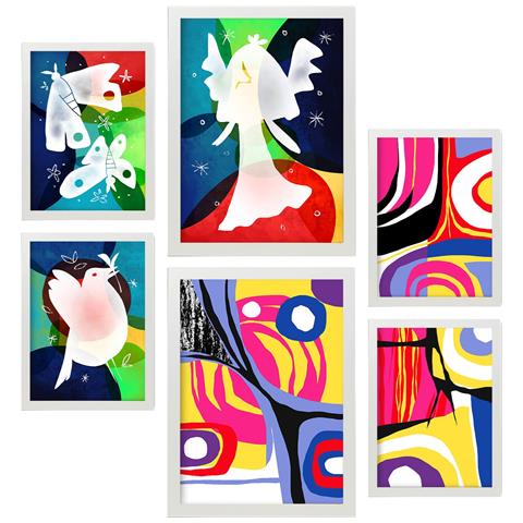 Set Di 6 Stampe Ali Di Pace In Dipinti Decorativi Estetici Astratti Colorati Per Il Tuo Soggiorno A Casa A3 & A4 Cornice Bianca - Foto 1