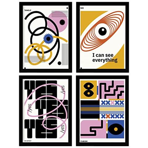 Set Di 4 Stampe Poster Di Cubismo Astratto Accettazione Fogli Con Mostra D'arte Estetica Illustrazioni A Colori Per L'interior Design Cornice Nera A3 - Foto 1
