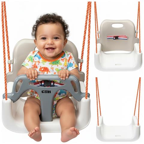 Altalena da giardino per bambini, sedia sospesa, robusta 3-in-1, seggiolino a secchiello, righe crema-bianco - Foto 4