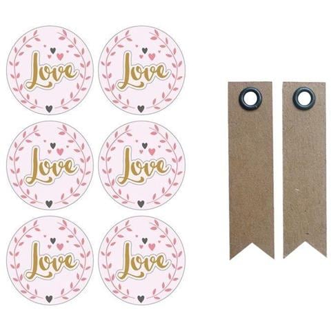 Adesivi 3d Ø 4 Cm - Love Su Rosa Chiaro + 20 Etichette Kraft Con Gagliardetto - Foto 1