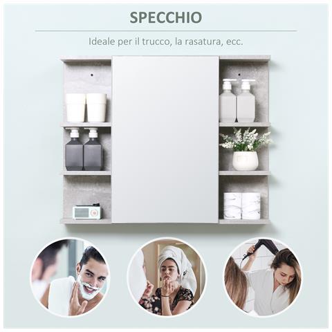 Specchiera Bagno A Parete Con Anta E Mensole Laterali In Legno, 80x19.8x64cm - Foto 2