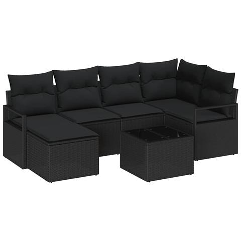 Set di divani da giardino  7 pezzi con cuscini beige polyrattan, Divano giardino 2 posti  con stoccaggio e cuscini polyrattan nero - Foto 1