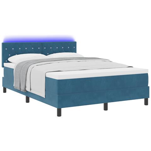 letto Box Spring con materasso e LED blu scuro 140x200 cm in velluto - Foto 1