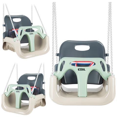 Altalena da giardino per bambini, sedia sospesa, robusta 3-in-1, seggiolino a secchiello, righe oliva-grigio - Foto 4