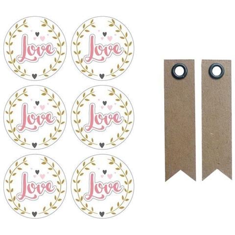 Adesivi 3d Ø 4 Cm - Love Su Bianco + 20 Etichette Kraft Con Gagliardetto - Foto 1