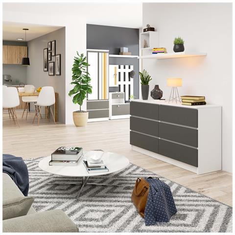 Cassettiera K140, 6 cassetti, 138x40x77 cm, Colore Bianco e Grigio Grafite - Foto 5