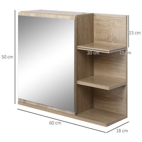 Specchiera Bagno A Parete Con Anta E 3 Ripiani Laterali In Legno, 60x18x50cm - Foto 2