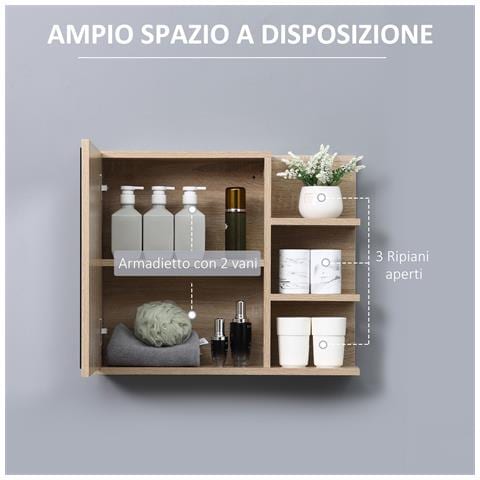 Specchiera Bagno A Parete Con Anta E 3 Ripiani Laterali In Legno, 60x18x50cm - Foto 6
