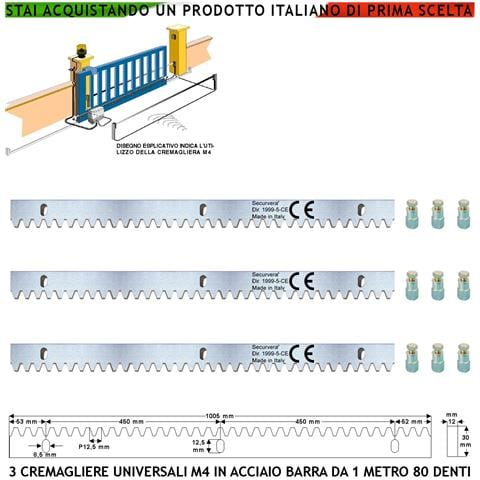 Aste Cremagliera Universale M4 Tre Barre Da 1 Mt Con 80 Denti In Acciaio Zincato 12x30 Mm Portata 22 Q.li Max 30 Q.li - Foto 1