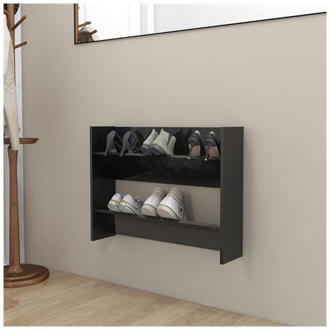 Scarpiera A Muro Nero Lucido 80x18x60 Cm In Legno Multistrato - Foto 6