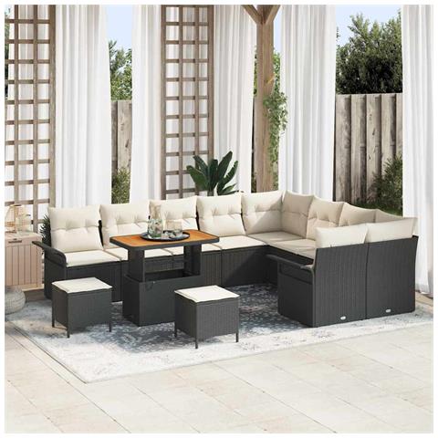 Set da giardino da 12 pezzi con cuscini Rattan Poly Nero Acacia, Set da pranzo da giardino da 3 pezzi con cuscini Rattan Poly Nero Acacia, Divano da giardino a 2 posti con cuscini Rattan Poly Nero - Foto 2