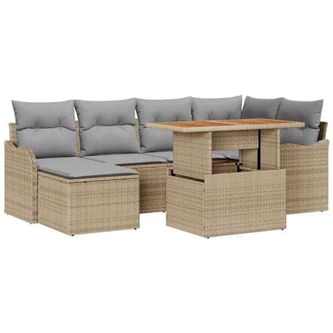 Set di divani da giardino 7 pezzi con cuscini Beige Rattan in poliestere Acacia, Divano da giardino 2 posti con cuscini Beige Rattan in poliestere - Foto 1