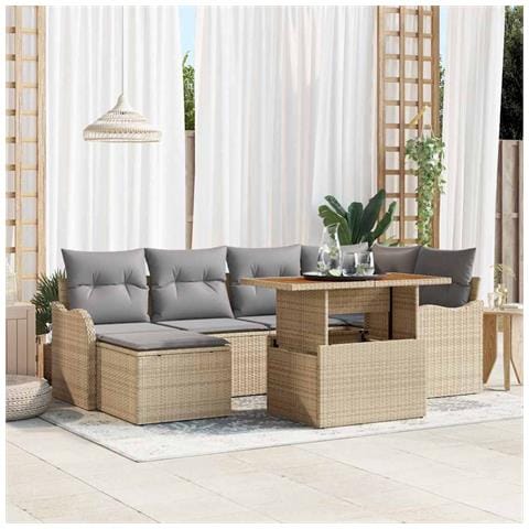 Set di divani da giardino 7 pezzi con cuscini Beige Rattan in poliestere Acacia, Divano da giardino 2 posti con cuscini Beige Rattan in poliestere - Foto 2