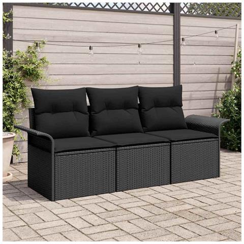 Set di Sofà da Giardino 3 Pezzi con Cuscini Nero Polyrattan, Sofà da Giardino a 2 Posti con Ripostiglio & Cuscini Nero Polyrattan - Foto 2