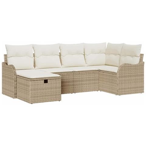 Set divano da giardino  6 pezzi con cuscini beige in polirattan, Divano da giardino  2 posti con cuscini beige in polirattan - Foto 1