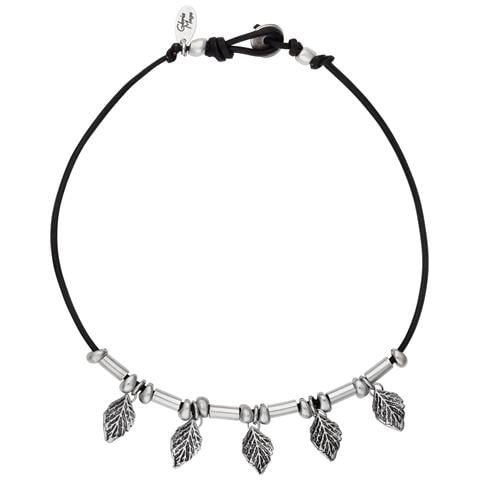 Collana In Pelle, Foglie In Zama, Placcata Argento, 40 Cm - Foto 1