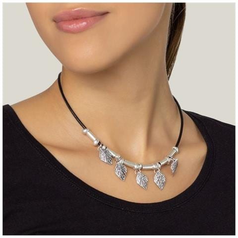 Collana In Pelle, Foglie In Zama, Placcata Argento, 40 Cm - Foto 2