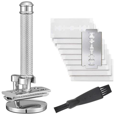 Rasoio Di Sicurezza Manuale In Rame Con Effetto Increspato, Supporto E Set Di 10 Lame Silver - Foto 1