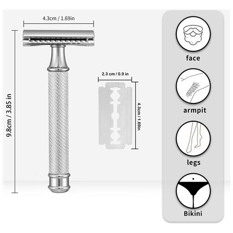 Rasoio Di Sicurezza Manuale In Rame Con Effetto Increspato, Supporto E Set Di 10 Lame Silver - Foto 4