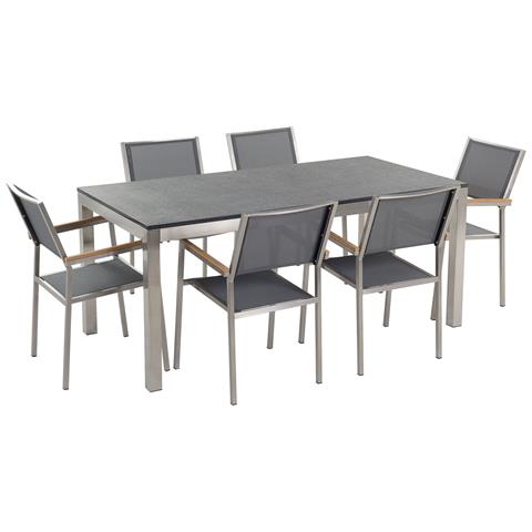 Set Di Tavolo E 6 Sedie Da Giardino In Acciaio, Basalto E Fibra Tessile Grigia - Piano Singolo - Nero Fiammato - 180cm - Grosseto - Foto 31