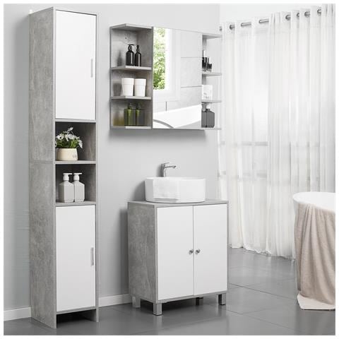 Colonna Bagno Con 2 Armadietti E 2 Vani Aperti In Legno Effetto Cemento, 30x30x180cm - Foto 6