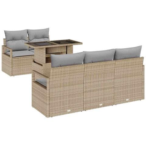 Set Divano da Giardino 6 Pezzi con Cuscini Beige in Polyrattan, Divano da Giardino 2 Posti con Cuscini Beige in Polyrattan - Foto 1