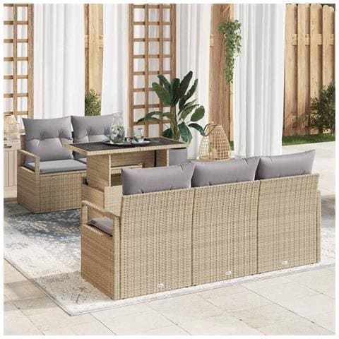 Set Divano da Giardino 6 Pezzi con Cuscini Beige in Polyrattan, Divano da Giardino 2 Posti con Cuscini Beige in Polyrattan - Foto 2