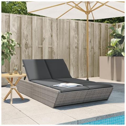 Lettino Prendisole Doppio con Cuscini Grigio in Polyrattan - Foto 2