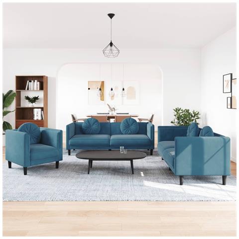 Set di Divani 3 pz con Cuscini Blu in Velluto - Foto 2