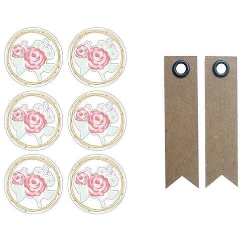Adesivi 3d Ø 4 Cm - Rosa Su Bianco + 20 Etichette Kraft Con Gagliardetto - Foto 1
