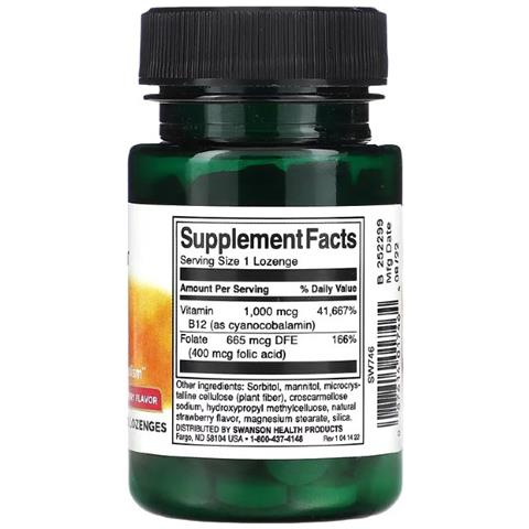 Vitamina B12 1000 Mcg Con Folato 665 Mcg 100 Pastiglie - Gusto Fragola Swanson Health Products - Foto 2