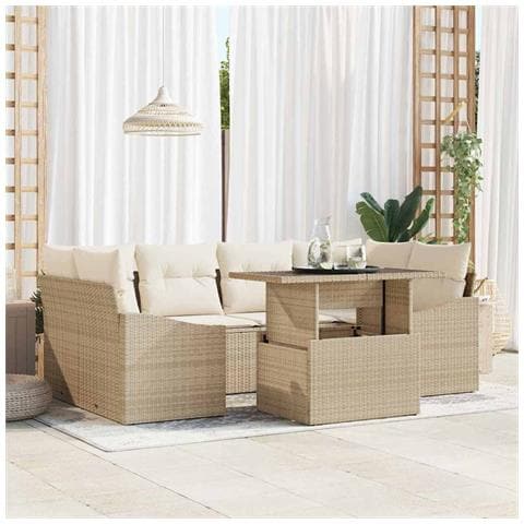 Set di divani da giardino da 7 pezzi con cuscini beige polyrattan - Foto 2
