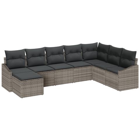 Set da Giardino da 8 Pezzi con Cuscini Grigio in Polyrattan - Foto 1
