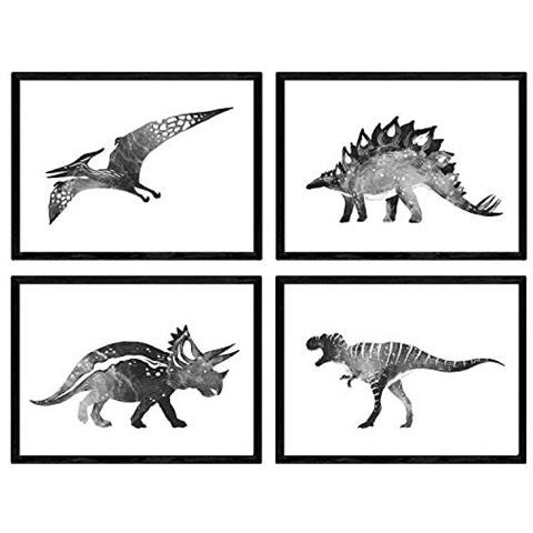 Set Di 4 Stampe Di Dinosauri In Bianco E Nero. Piatti Di Dinosauri Per Bambini Senza Cornice A3 - Foto 1