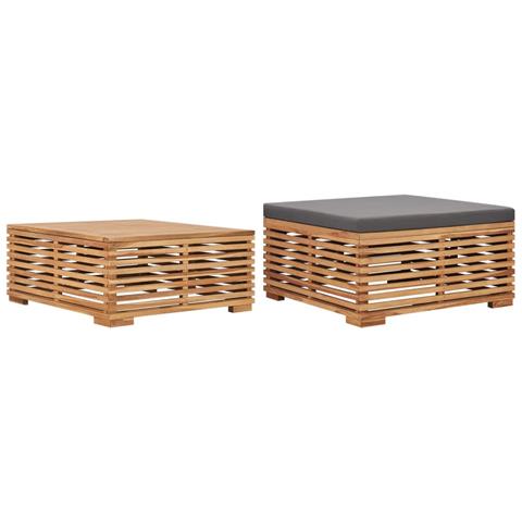 Set Tavolino Poggiapiedi Giardino Cuscino Grigio Scuro In Teak - Foto 2