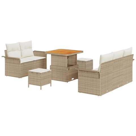 Set di divani da giardino 8 pezzi con cuscini beige in polyrattan e acacia,  Divano da giardino 2 posti con cuscini beige in polyrattan,  Set da pranzo da giardino 3 pezzi con cuscini beige in polyrattan e acacia - Foto 1