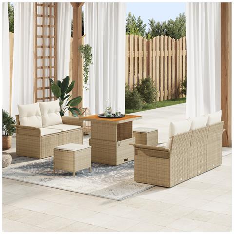 Set di divani da giardino 8 pezzi con cuscini beige in polyrattan e acacia,  Divano da giardino 2 posti con cuscini beige in polyrattan,  Set da pranzo da giardino 3 pezzi con cuscini beige in polyrattan e acacia - Foto 2