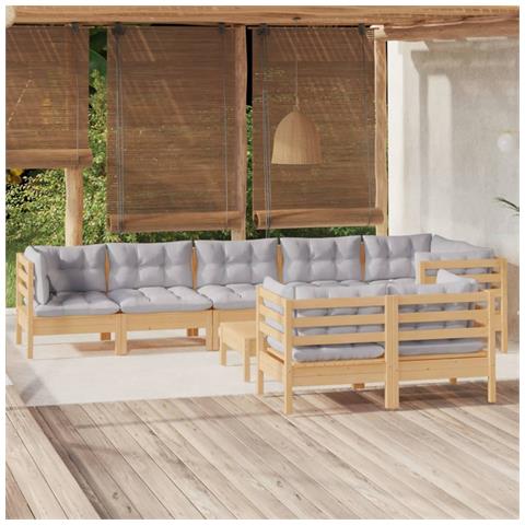 Set Divani da Giardino 9 pz con Cuscini Grigi Massello di Pino - Foto 2