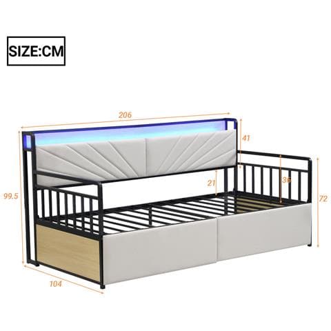 Divano Letto In Ferro 90x200cm, Con Illuminazione A Led, 2 Cassetti E Prese Multifunzionali, Letto Singolo, Letto Junior, Ferro+plywood+mdf, Beige - Foto 2